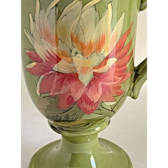 MUG WITH PEDESTAL FOOT-RAYMOND WAITES-Green-Orange Yellow Flower-Holds 12 oz - Picture 6 of 7